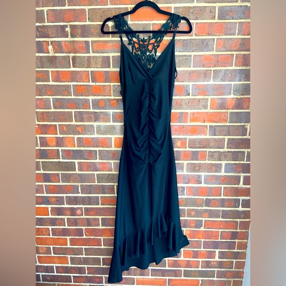 Lace-back Black Dress with Front Ruching and Asymmetrical Hem - Picture 1 of 4